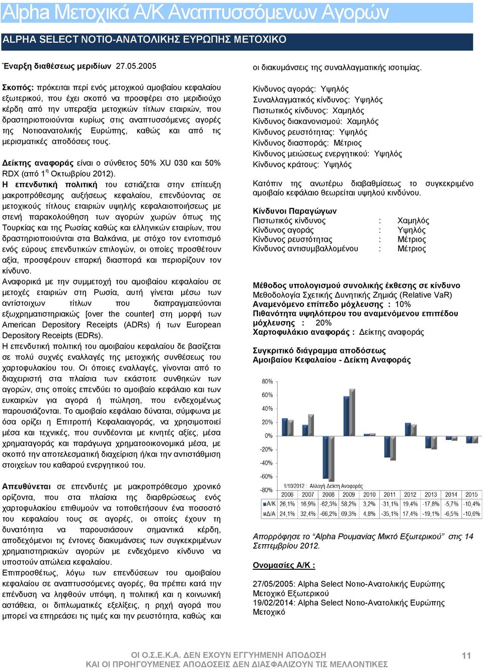 στις αναπτυσσόμενες αγορές της Νοτιοανατολικής Ευρώπης, καθώς και από τις μερισματικές αποδόσεις τους. Δείκτης αναφοράς είναι ο σύνθετος 50% XU 030 και 50% RDX (από 1 η Οκτωβρίου 2012).