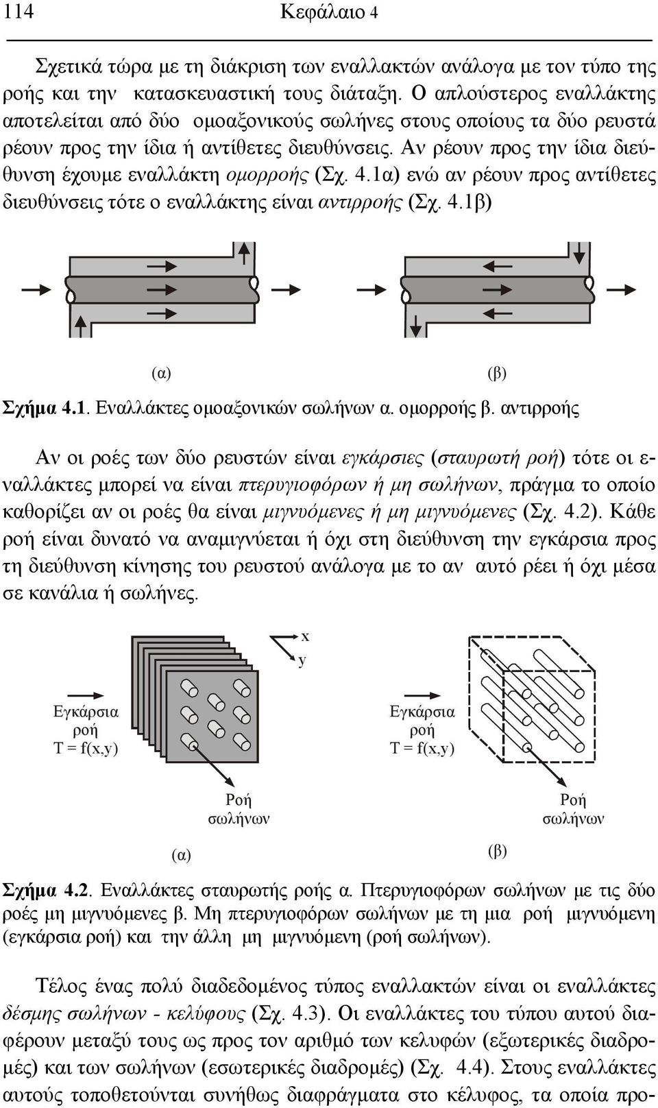 Αν ρέουν προς την ίδια διεύθυνση έχουμε εναλλάκτη ομορροής (Σχ. 4.1α) ενώ αν ρέουν προς αντίθετες διευθύνσεις τότε ο εναλλάκτης είναι αντιρροής (Σχ. 4.1β) (α) (β) Σχήμα 4.1. Εναλλάκτες ομοαξονικών σωλήνων α.