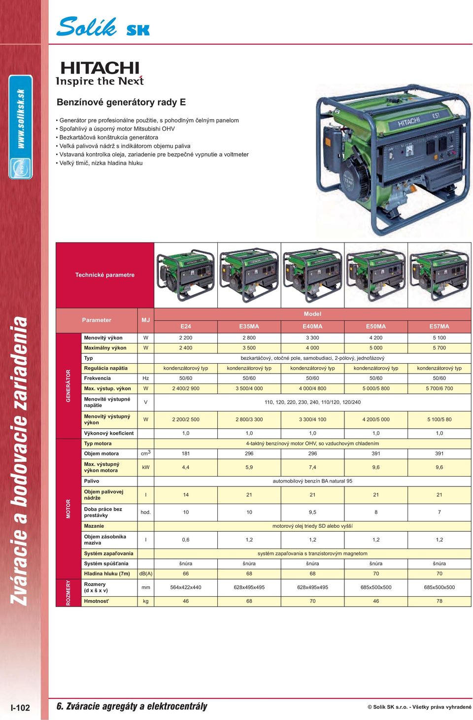 E35MA E40MA E50MA E57MA Menovitý výkon W 2 200 2 800 3 300 4 200 5 100 Maximálny výkon W 2 400 3 500 4 000 5 000 5 700 Typ bezkartáčový, otočné pole, samobudiaci, 2-pólový, jednofázový Regulácia