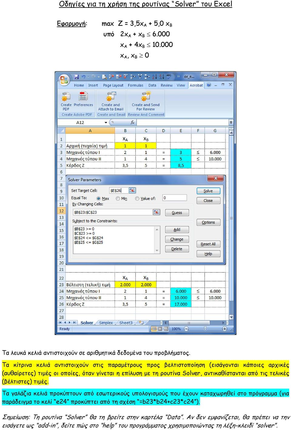Τα κίτρινα κελιά αντιστοιχούν στις παραμέτρους προς βελτιστοποίηση (εισάγονται κάποιες αρχικές (αυθαίρετες) τιμές οι οποίες, όταν γίνεται η επίλυση με τη ρουτίνα Solver, αντικαθίστανται από τις
