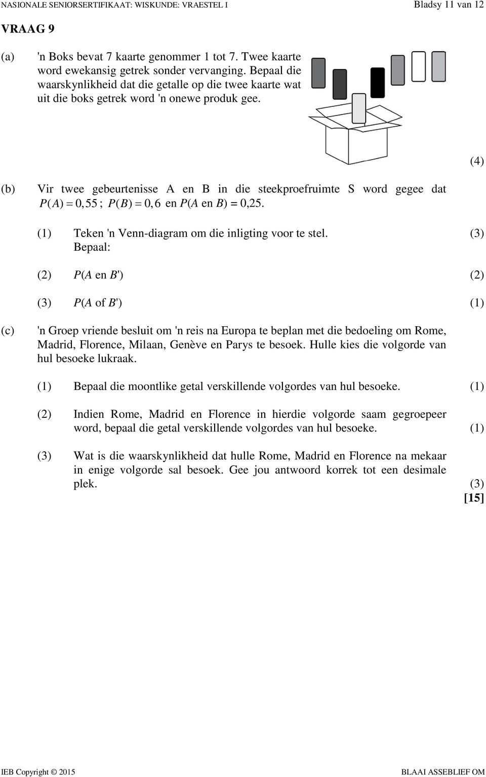 (4) (b) Vir twee gebeurtenisse A en B in die steekproefruimte S word gegee dat PA= ( ) 0,55 ; PB ( ) = 0,6 en P(A en B) = 0,5. (1) Teken 'n Venn-diagram om die inligting voor te stel.