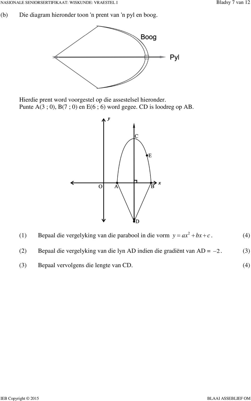 CD is loodreg op AB. (1) Bepaal die vergelyking van die parabool in die vorm y = ax + bx + c.