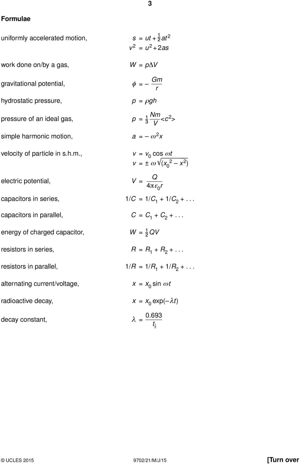 .. capacitors in parallel, C = C 1 + C 2 +... energy of charged capacitor, W = QV resistors in series, R = R 1 + R 2 +... resistors in parallel, 1/R = 1/R 1 + 1/R 2 +.