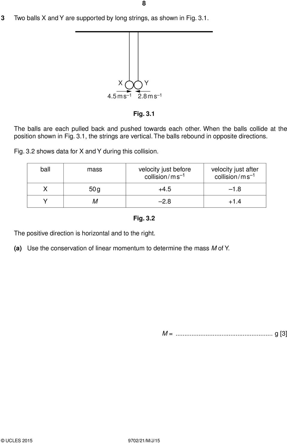 ball mass velocity just before collision / m s 1 velocity just after collision / m s 1 X 50 g +4.5 1.8 Y M 2.8 +1.4 Fig. 3.