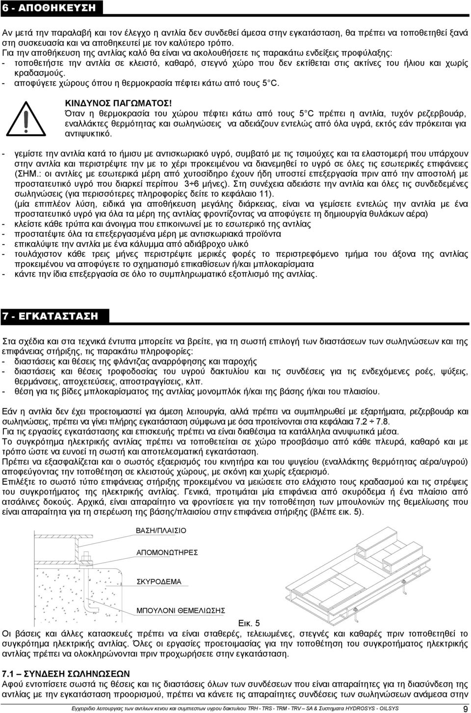 χωρίς κραδασμούς. - αποφύγετε χώρους όπου η θερμοκρασία πέφτει κάτω από τους 5 C. ΚΙΝΔΥΝΟΣ ΠΑΓΩΜΑΤΟΣ!