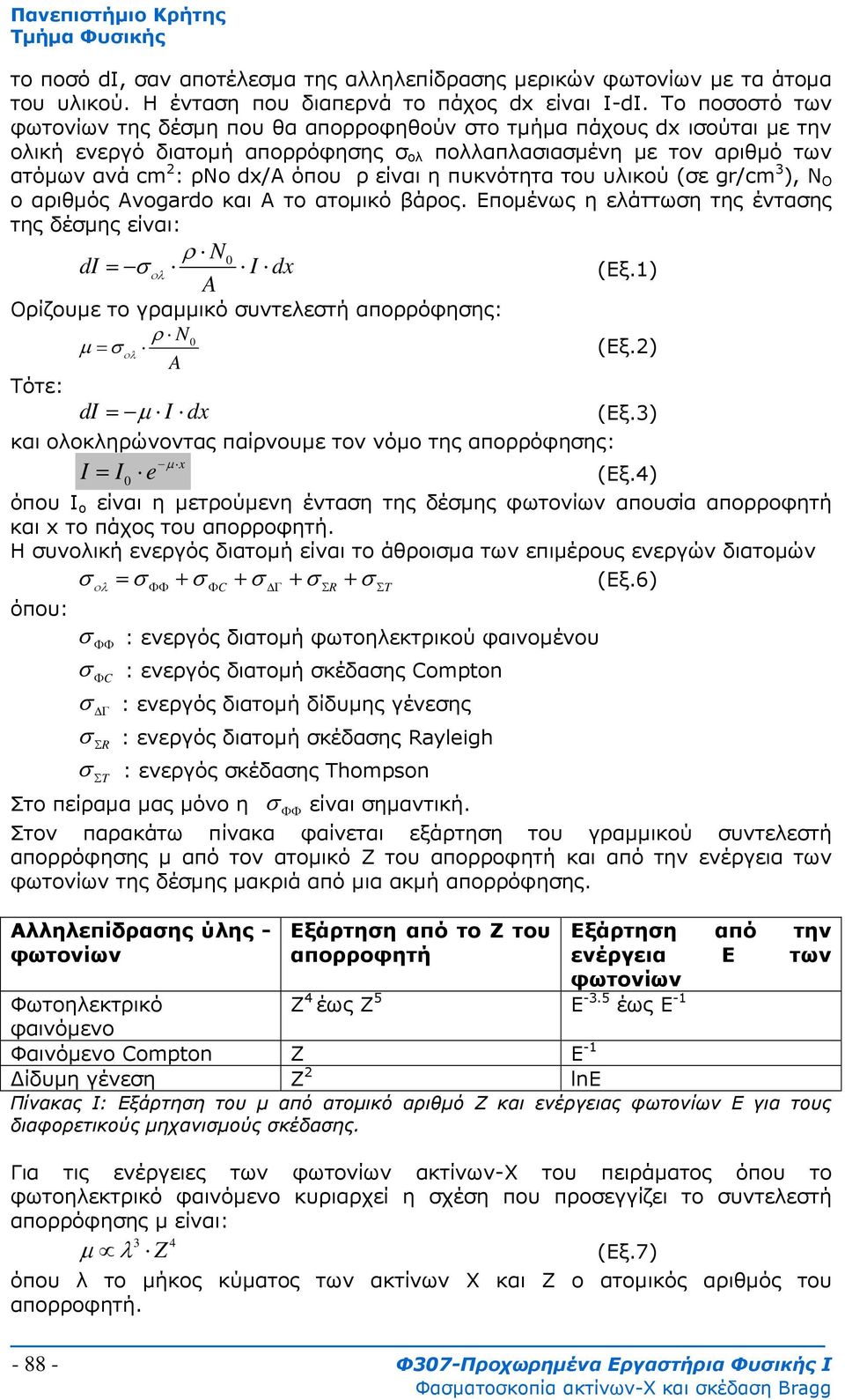 είναι η πυκνότητα του υλικού (σε gr/cm 3 ), N O ο αριθµός Avogardo και A το ατοµικό βάρος. Εποµένως η ελάττωση της έντασης της δέσµης είναι: ρ N di = σ 0 ολ I dx (Εξ.