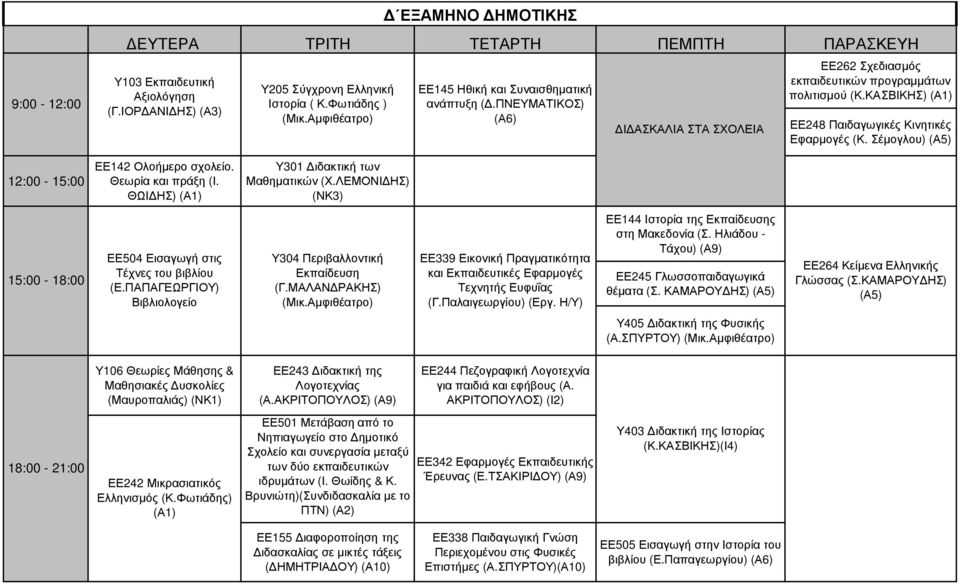 Θεωρία και πράξη (Ι. ΘΩΙΔΗΣ) (Α1) Υ301 Διδακτική των Μαθηματικών (Χ.ΛΕΜΟΝΙΔΗΣ) (ΝΚ3) ΕΕ504 Εισαγωγή στις Τέχνες του βιβλίου (Ε.ΠΑΠΑΓΕΩΡΓΙΟΥ) Βιβλιολογείο Υ304 Περιβαλλοντική (Γ.ΜΑΛΑΝΔΡΑΚΗΣ) (Μικ.