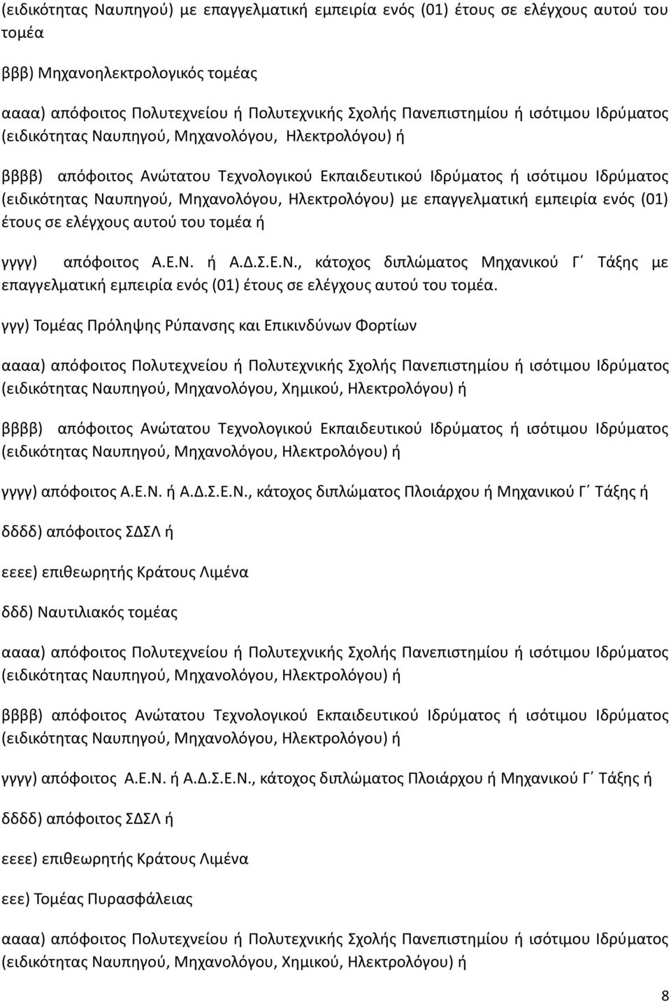 Ηλεκτρολόγου) με επαγγελματική εμπειρία ενός (01) έτους σε ελέγχους αυτού του τομέα ή γγγγ) απόφοιτος Α.Ε.Ν.