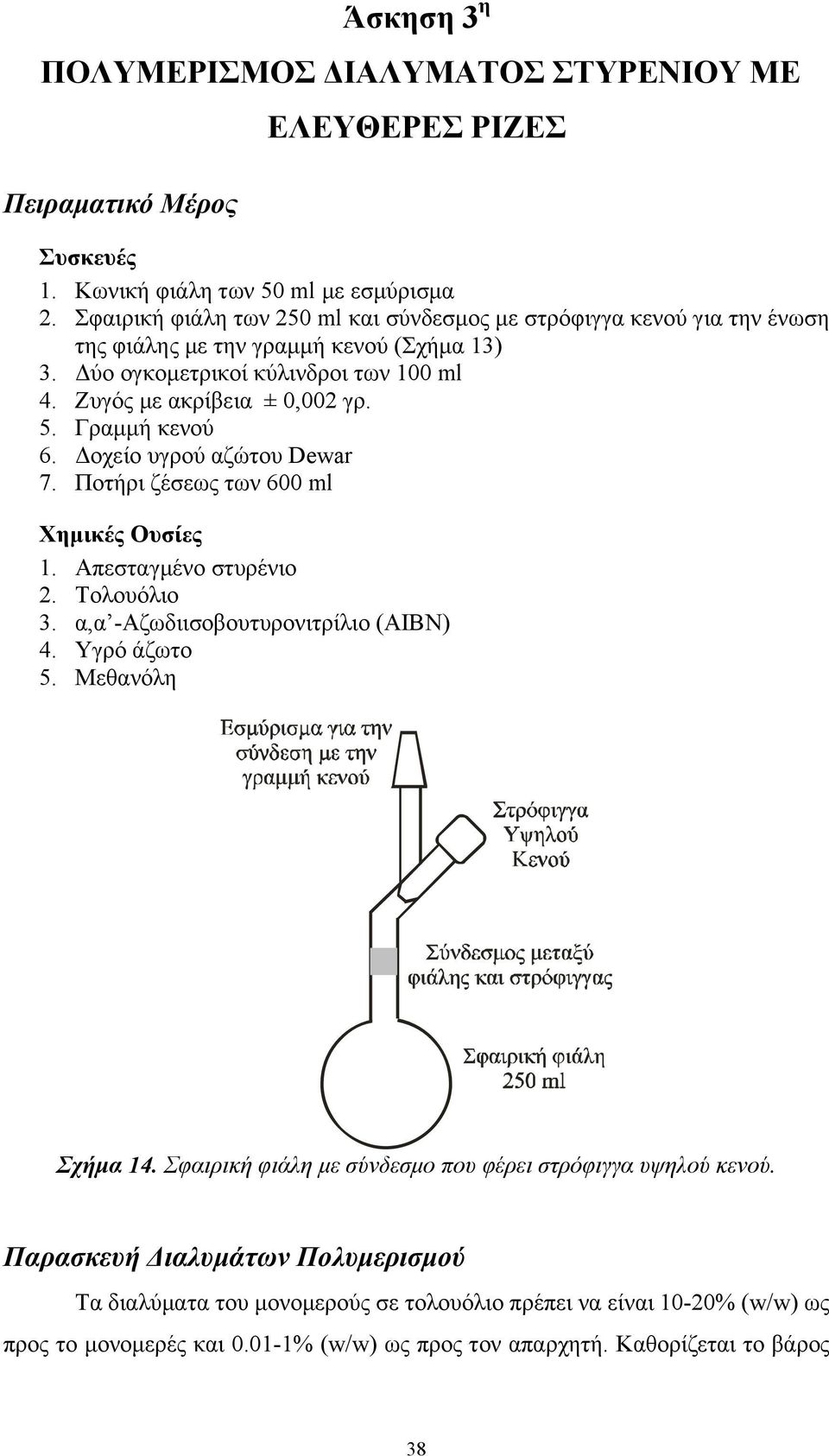 Γραμμή κενού 6. Δοχείο υγρού αζώτου Dewar 7. Ποτήρι ζέσεως των 600 ml Χημικές Ουσίες 1. Απεσταγμένο στυρένιο 2. Τολουόλιο 3. α,α -Αζωδιισοβουτυρονιτρίλιο (ΑΙΒΝ) 4. Υγρό άζωτο 5.