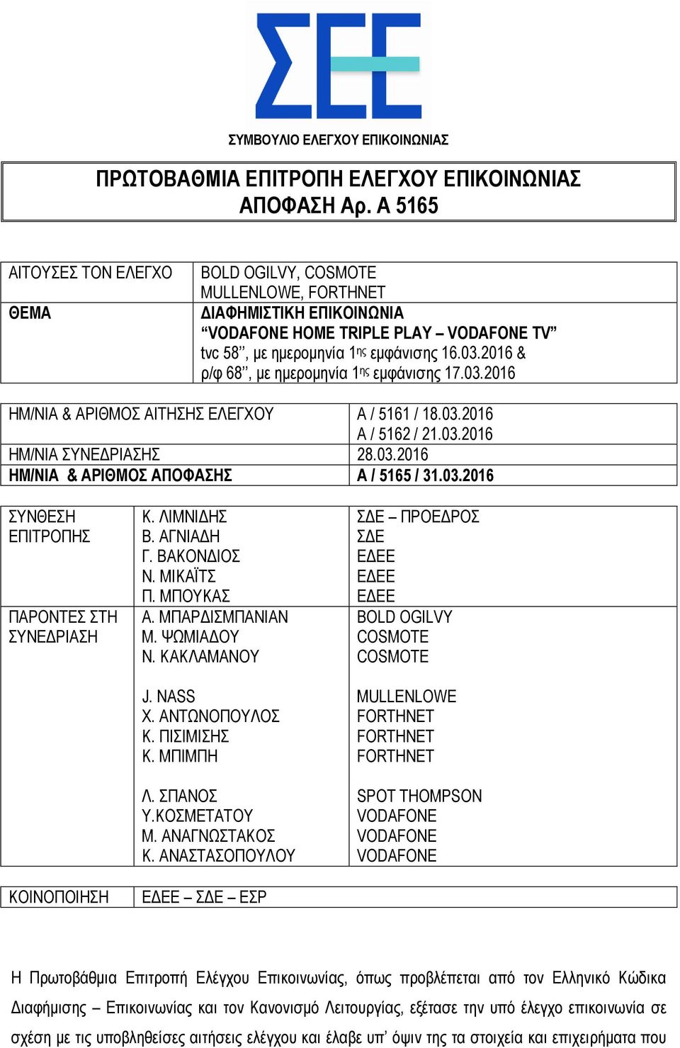 03.2016 ΗΜ/ΝΙΑ & ΑΡΙΘΜΟΣ ΑΙΤΗΣΗΣ ΕΛΕΓΧΟΥ Α / 5161 / 18.03.2016 Α / 5162 / 21.03.2016 ΗΜ/ΝΙΑ ΣΥΝΕΔΡΙΑΣΗΣ 28.03.2016 ΗΜ/ΝΙΑ & ΑΡΙΘΜΟΣ ΑΠΟΦΑΣΗΣ Α / 5165 / 31.03.2016 ΣΥΝΘΕΣΗ ΕΠΙΤΡΟΠΗΣ ΠΑΡΟΝΤΕΣ ΣΤΗ ΣΥΝΕΔΡΙΑΣΗ ΚΟΙΝΟΠΟΙΗΣΗ Κ.