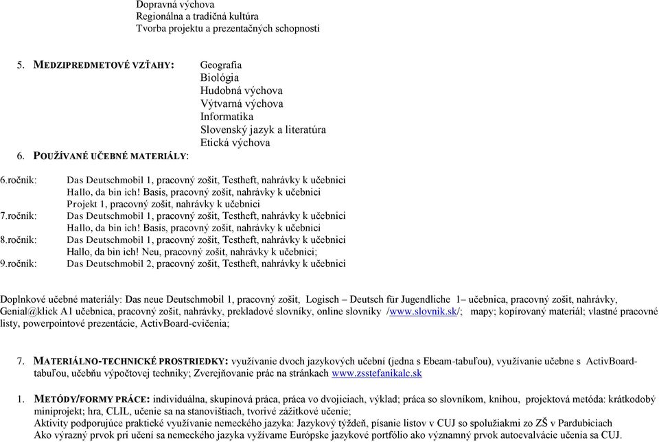 Basis, pracovný zošit, nahrávky k učebnici Projekt 1, pracovný zošit, nahrávky k učebnici Das Deutschmobil 1, pracovný zošit, Testheft, nahrávky k učebnici Hallo, da bin ich!