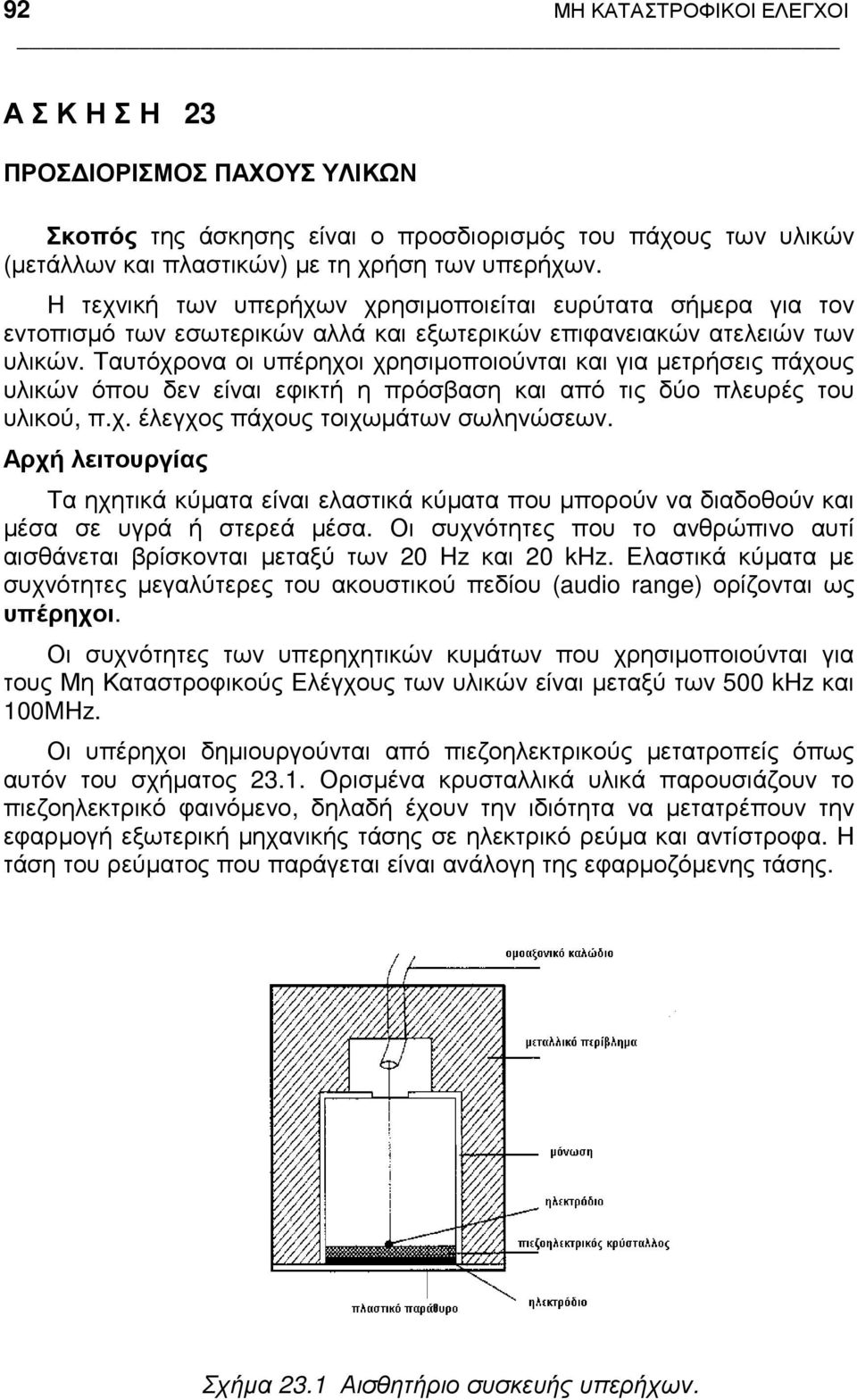 Ταυτόχρονα οι υπέρηχοι χρησιµοποιούνται και για µετρήσεις πάχους υλικών όπου δεν είναι εφικτή η πρόσβαση και από τις δύο πλευρές του υλικού, π.χ. έλεγχος πάχους τοιχωµάτων σωληνώσεων.