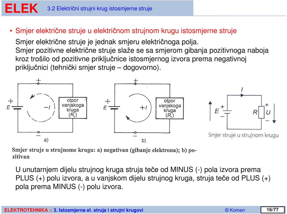 Smjer pozitivne električne struje slaže se sa smjerom gibanja pozitivnoga naboja kroz trošilo od pozitivne priključnice istosmjernog izvora prema