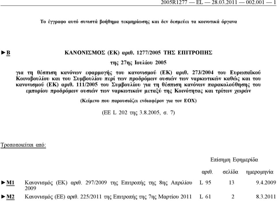 273/2004 του Ευρωπαϊκού Κοινοβουλίου και του Συμβουλίου περί των προδρόμων ουσιών των ναρκωτικών καθώς και του κανονισμού (ΕΚ) αριθ.