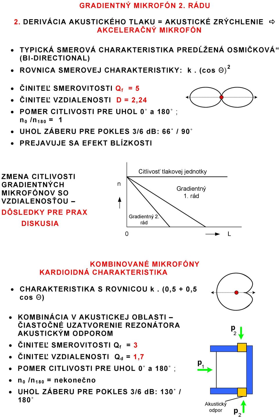 (cos Θ) 2 ČINITEĽ SMEROVITOSTI Q f = 5 ČINITEĽ VZDIALENOSTI D = 2,24 POMER CITLIVOSTI PRE UHOL 0 a 180 ; n 0 /n 180 = 1 UHOL ZÁBERU PRE POKLES 3/6 db: 66 / 90 PREJAVUJE SA EFEKT BLÍZKOSTI ZMENA