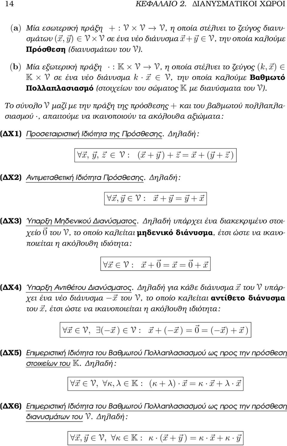 την πράξη της πρόσθεσης + και του ϐαθµωτού πολλαπλασιασµού, απαιτούµε να ικανοποιούν τα ακόλουθα αξιώµατα : ( Χ1) Προσεταιριστική Ιδιότητα της Πρόσθεσης ηλαδή : x, y, z V : ( x + y ) + z = x + ( y +