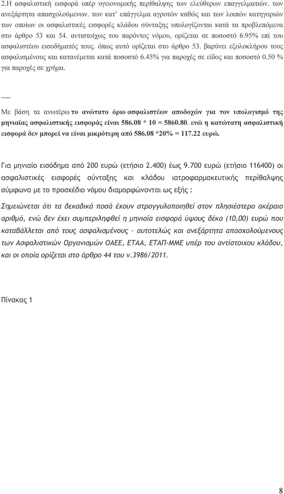 αντιστοίχως του παρόντος νόμου, ορίζεται σε ποσοστό 6.95% επί του ασφαλιστέου εισοδήματός τους. όπως αυτό ορίζεται στο άρθρο 53. βαρύνει εξολοκλήρου τους ασφαλισμένους και κατανέμεται κατά ποσοστό 6.