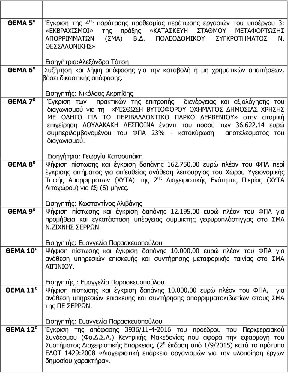 ΘΕΜΑ 7 ο Έγκριση των πρακτικών της επιτροπής διενέργειας και αξιολόγησης του διαγωνισμού για τη «ΜΙΣΘΩΣΗ ΒΥΤΙΟΦΟΡΟΥ ΟΧΗΜΑΤΟΣ ΔΗΜΟΣΙΑΣ ΧΡΗΣΗΣ ΜΕ ΟΔΗΓΟ ΓΙΑ ΤΟ ΠΕΡΙΒΑΛΛΟΝΤΙΚΟ ΠΑΡΚΟ ΔΕΡΒΕΝΙΟΥ» στην