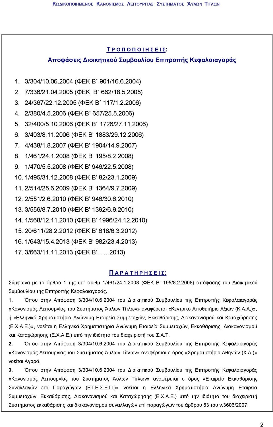 1/461/24.1.2008 (ΦΕΚ Β 195/8.2.2008) 9. 1/470/5.5.2008 (ΦΕΚ Β 946/22.5.2008) 10. 1/495/31.12.2008 (ΦΕΚ Β 82/23.1.2009) 11. 2/514/25.6.2009 (ΦΕΚ Β 1364/9.7.2009) 12. 2/551/2.6.2010 (ΦΕΚ Β 946/30.6.2010) 13.