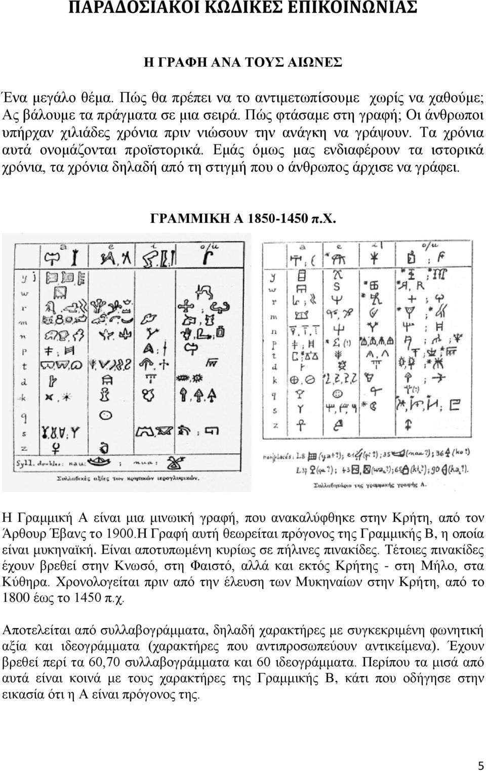 Εμάς όμως μας ενδιαφέρουν τα ιστορικά χρόνια, τα χρόνια δηλαδή από τη στιγμή που ο άνθρωπος άρχισε να γράφει. ΓΡΑΜΜΙΚΗ Α 1850-1450 π.χ. Η Γραμμική Α είναι μια μινωική γραφή, που ανακαλύφθηκε στην Κρήτη, από τον Άρθουρ Έβανς το 1900.