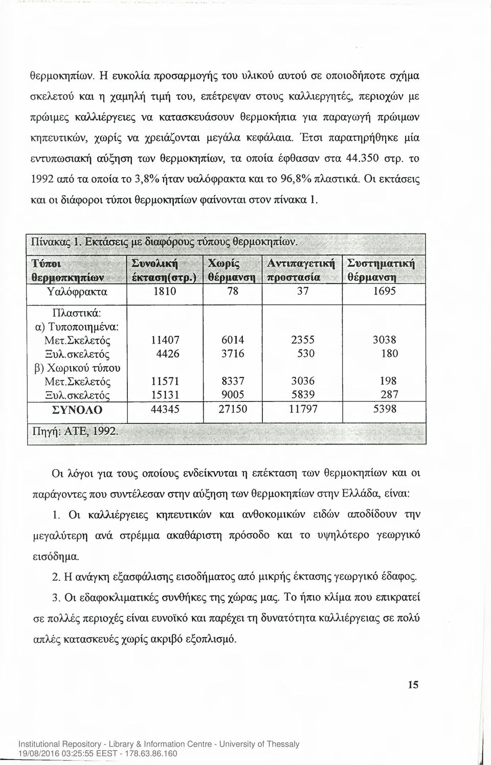 πρώιμων κηπευτικών, χωρίς να χρειάζονται μεγάλα κεφάλαια. Έτσι παρατηρήθηκε μία εντυπωσιακή αύξηση των θερμοκηπίων, τα οποία έφθασαν στα 44.350 στρ.