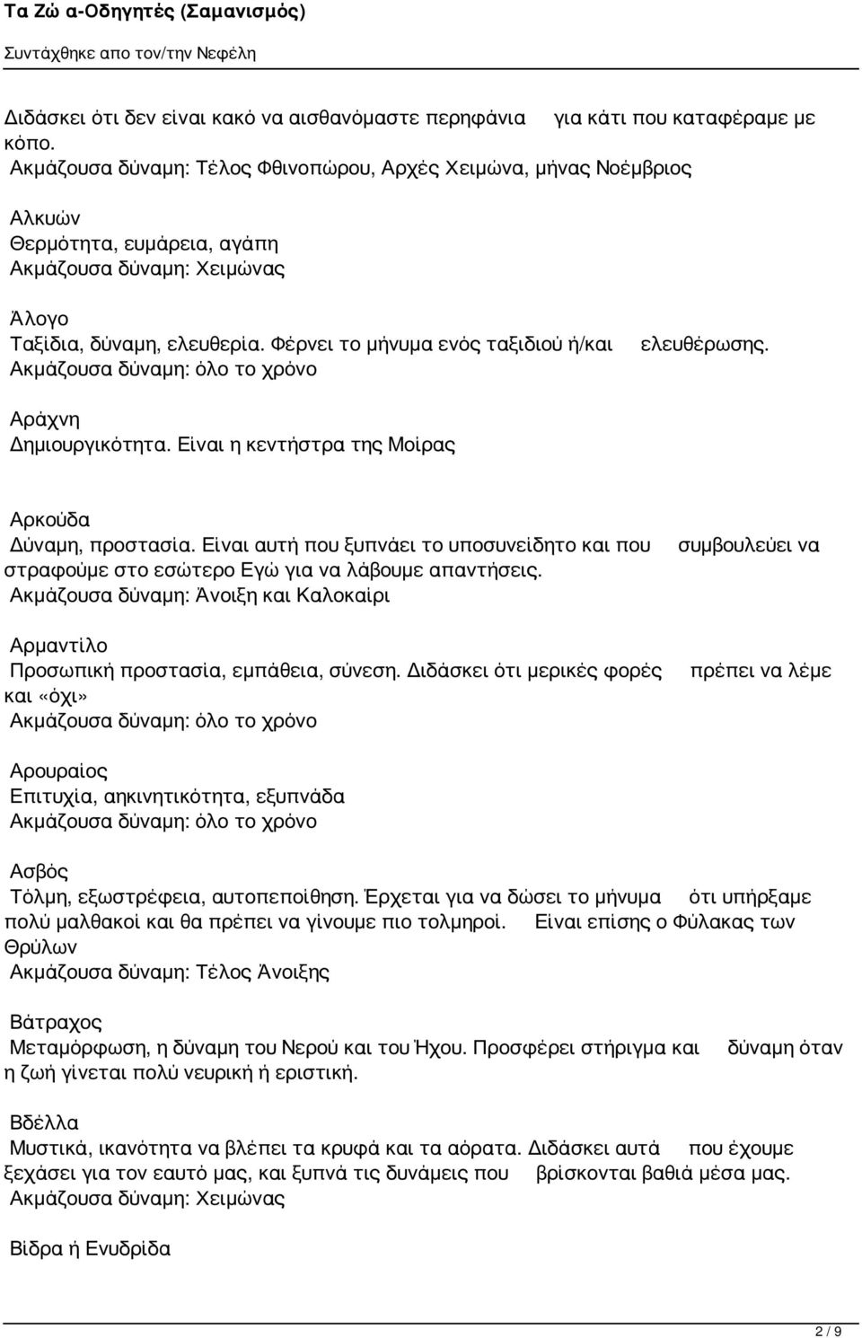 Φέρνει το μήνυμα ενός ταξιδιού ή/και ελευθέρωσης. Αράχνη Δημιουργικότητα. Είναι η κεντήστρα της Μοίρας Αρκούδα Δύναμη, προστασία.