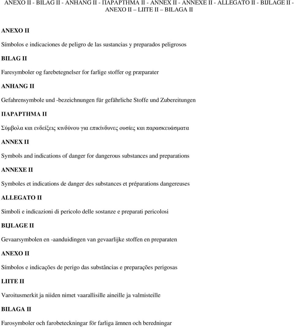Σύµβολα και ενδείξεις κινδύνου για επικίνδυνες ουσίες και παρασκευάσµατα ANNEX II Symbols and indications of danger for dangerous substances and preparations ANNEXE II Symboles et indications de