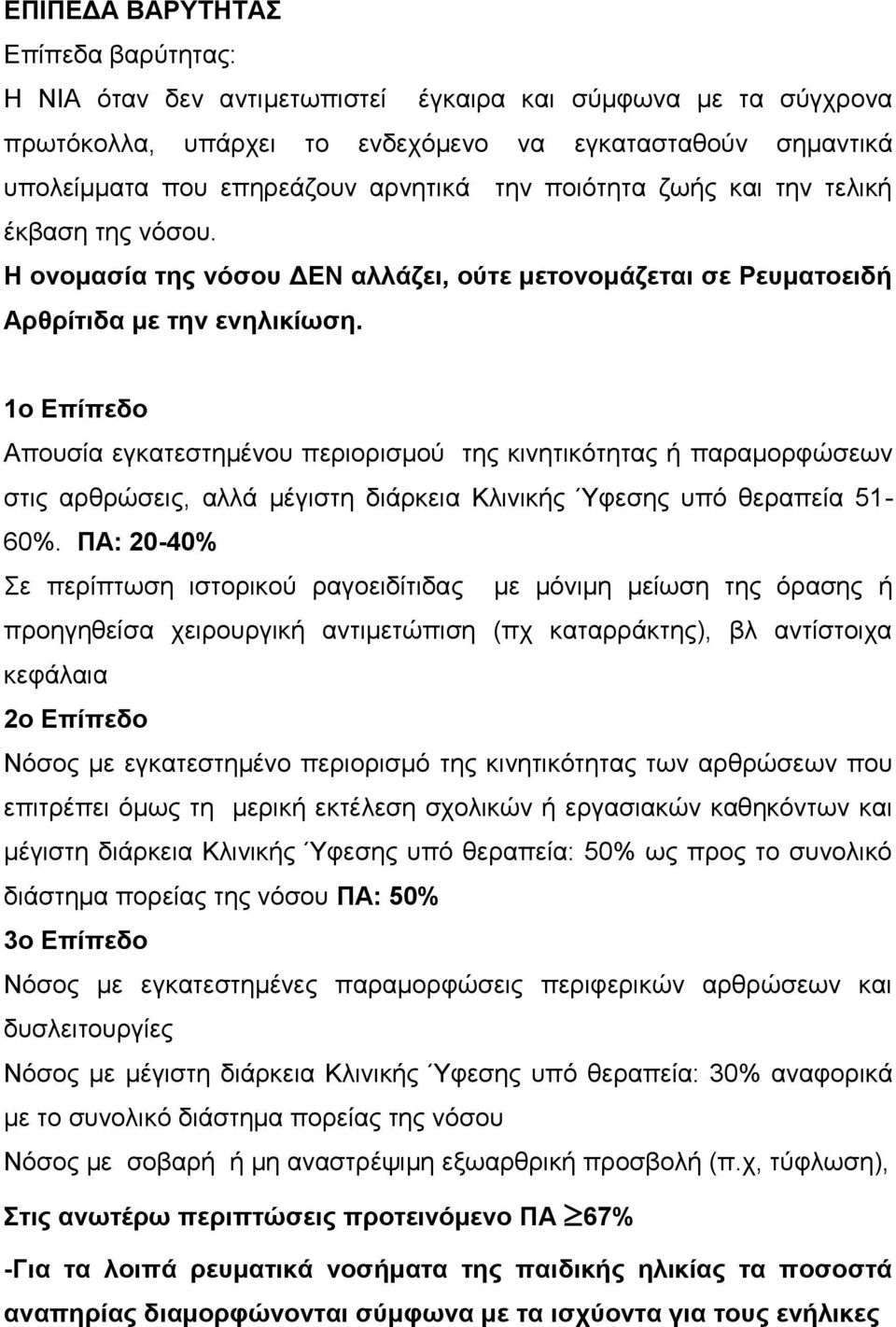 1ο Επίπεδο Απουσία εγκατεστημένου περιορισμού της κινητικότητας ή παραμορφώσεων στις αρθρώσεις, αλλά μέγιστη διάρκεια Κλινικής Ύφεσης υπό θεραπεία 51-60%.