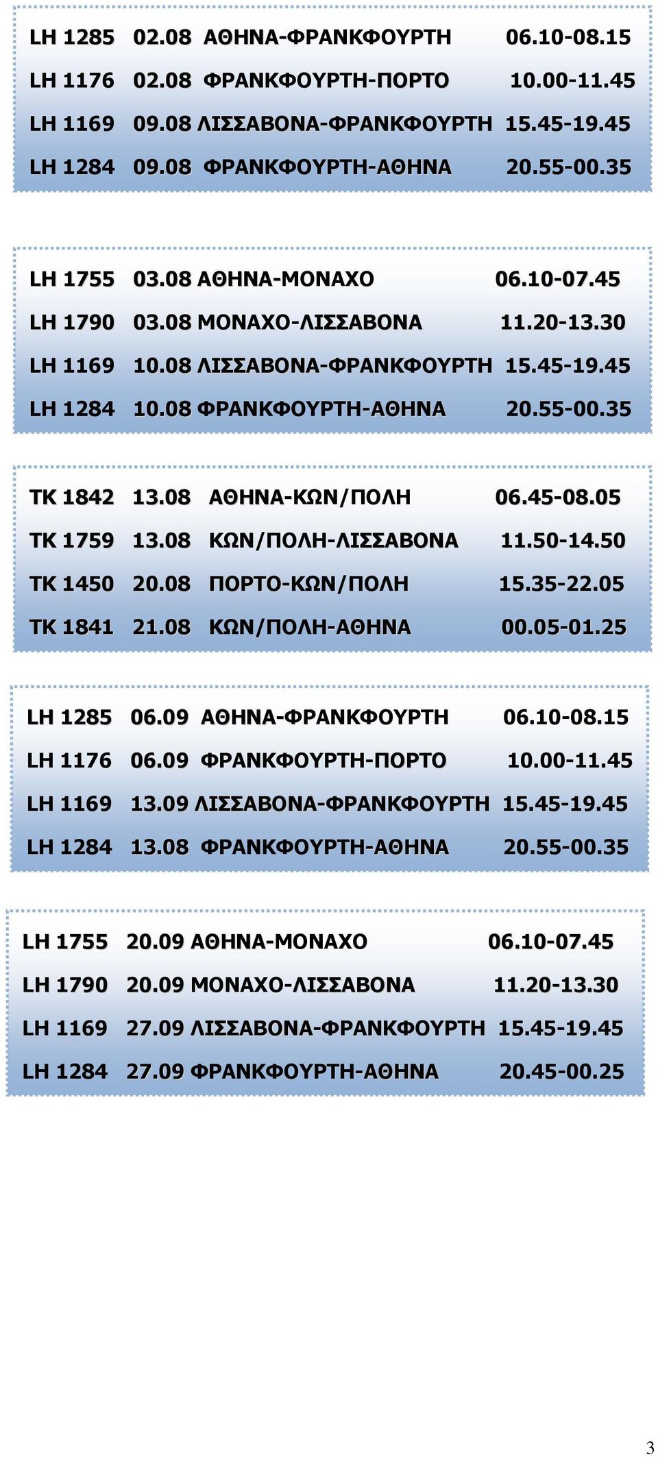 45-08.05 TK 1759 13.08 ΚΩΝ/ΠΟΛΗ-ΛΙΣΣΑΒΟΝΑ 11.50-14.50 TK 1450 20.08 ΠΟΡΤΟ-ΚΩΝ/ΠΟΛΗ 15.35-22.05 TK 1841 21.08 ΚΩΝ/ΠΟΛΗ-ΑΘΗΝΑ 00.05-01.25 LH 1285 06.09 ΑΘΗΝΑ-ΦΡΑΝΚΦΟΥΡΤΗ 06.10-08.15 LH 1176 06.