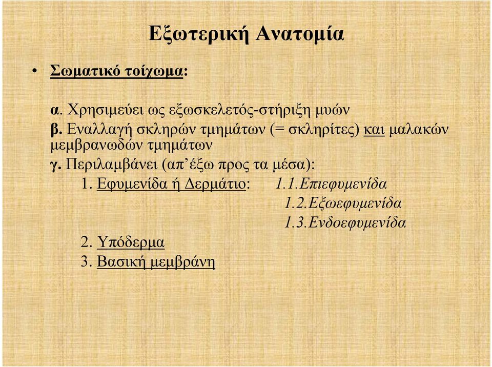 Εναλλαγή σκληρών τμημάτων (= σκληρίτες) και μαλακών μεμβρανωδών τμημάτων γ.