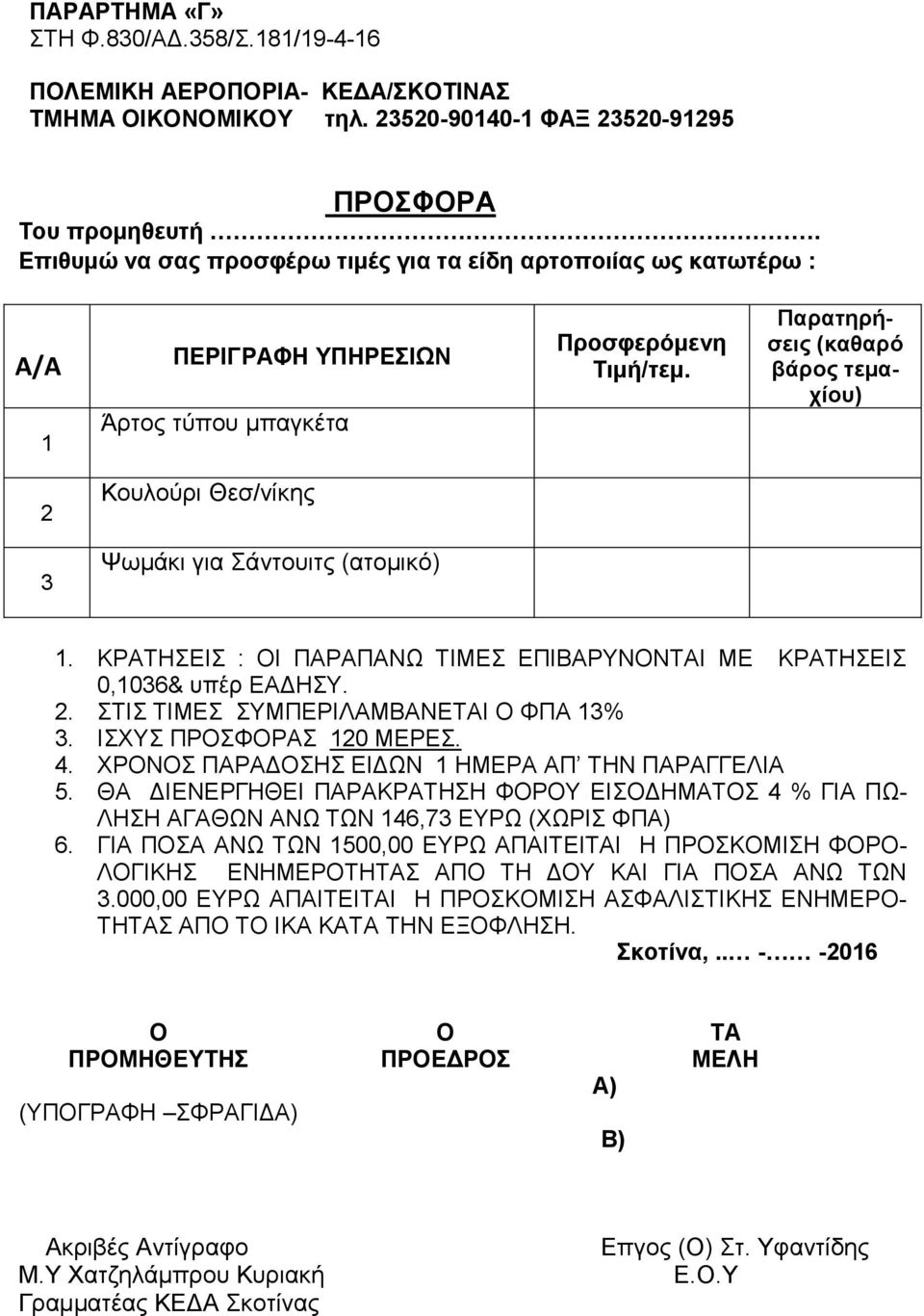 Παρατηρήσεις (καθαρό βάρος τεμαχίου) 2 Κουλούρι Θεσ/νίκης 3 Ψωμάκι για Σάντουιτς (ατομικό) 1. ΚΡΑΤΗΣΕΙΣ : ΟΙ ΠΑΡΑΠΑΝΩ ΤΙΜΕΣ ΕΠΙΒΑΡΥΝΟΝΤΑΙ ΜΕ ΚΡΑΤΗΣΕΙΣ 0,1036& υπέρ ΕΑΔΗΣΥ. 2. ΣΤΙΣ ΤΙΜΕΣ ΣΥΜΠΕΡΙΛΑΜΒΑΝΕΤΑΙ Ο ΦΠΑ 13% 3.