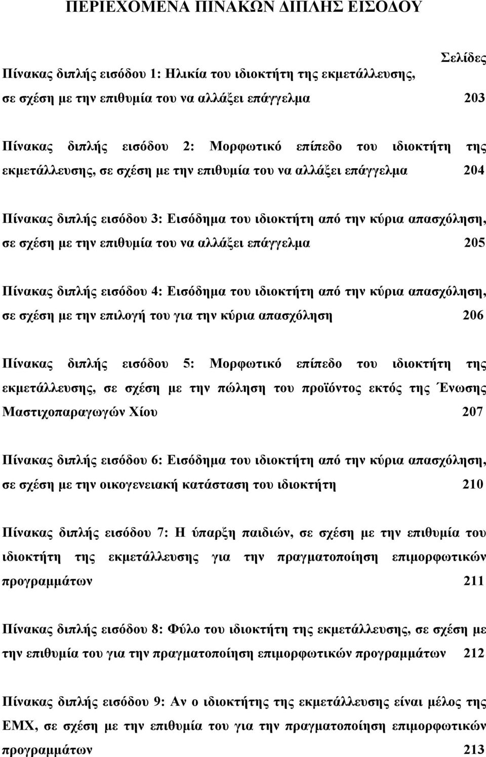 να αλλάξει επάγγελμα 205 Πίνακας διπλής εισόδου 4: Εισόδημα του ιδιοκτήτη από την κύρια απασχόληση, σε σχέση με την επιλογή του για την κύρια απασχόληση 206 Πίνακας διπλής εισόδου 5: Μορφωτικό