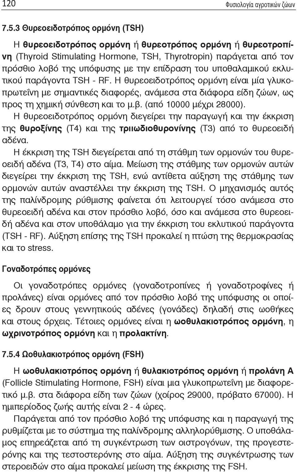 του υποθαλαμικού εκλυτικού παράγοντα TSH - RF. Η θυρεοειδοτρόπος ορμόνη είναι μία γλυκοπρωτεΐνη με σημαντικές διαφορές, ανάμεσα στα διάφορα είδη ζώων, ως προς τη χημική σύνθεση και το μ.β.