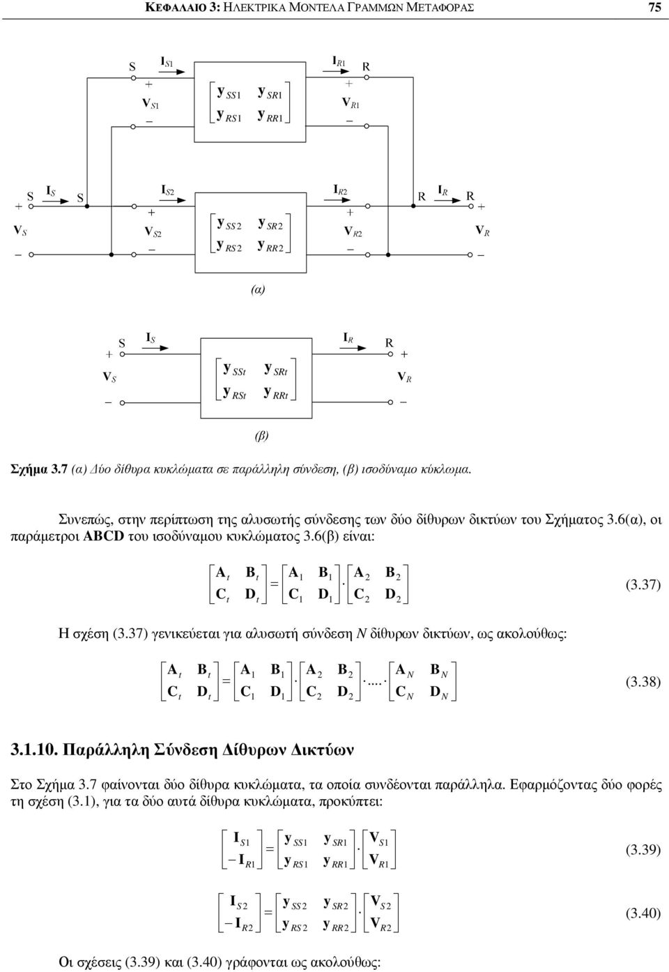 37 Η σχέση (3.37 ενικεύεται ια αλυσωτή σύνδεση N δίυρων δικτύων, ως ακολούως: N N N N... (3.38 3... Παράλληλη Σύνδεση ίυρων ικτύων Στο Σχήµα 3.