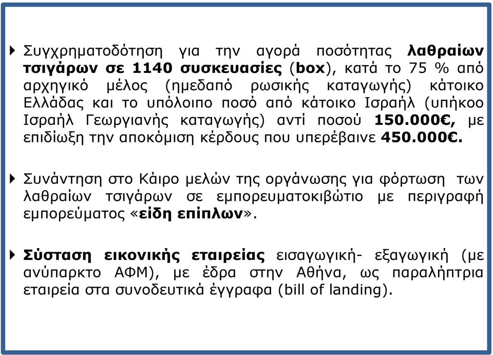 000, με επιδίωξη την αποκόμιση κέρδους που υπερέβαινε 450.000. Συνάντηση στο Κάιρο μελών της οργάνωσης για φόρτωση των λαθραίων τσιγάρων σε εμπορευματοκιβώτιο με περιγραφή εμπορεύματος«είδη επίπλων».