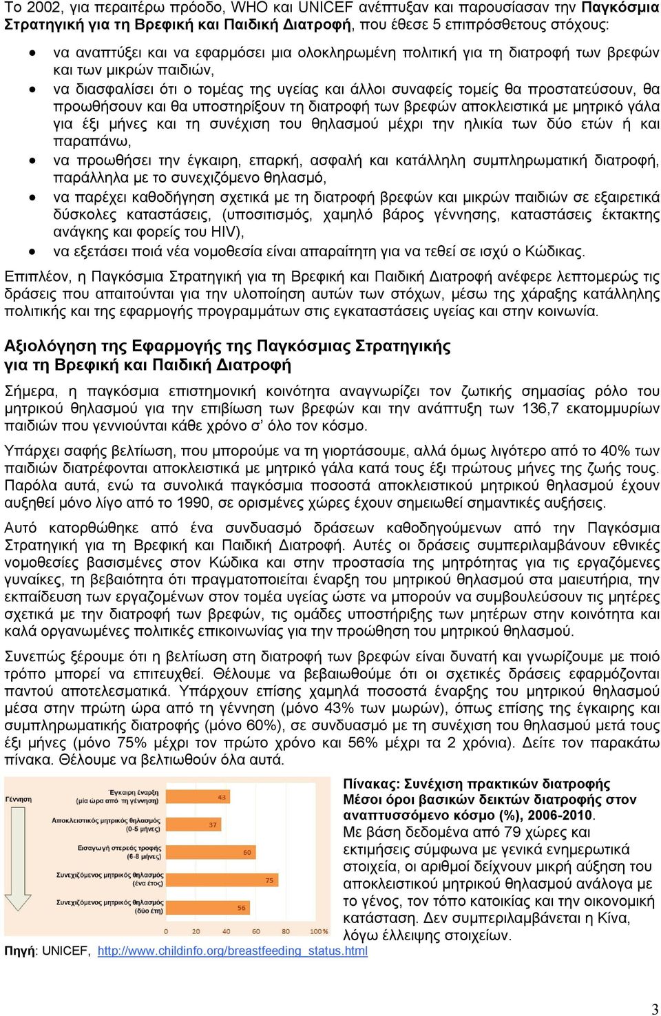 διατροφή των βρεφών αποκλειστικά με μητρικό γάλα για έξι μήνες και τη συνέχιση του θηλασμού μέχρι την ηλικία των δύο ετών ή και παραπάνω, να προωθήσει την έγκαιρη, επαρκή, ασφαλή και κατάλληλη