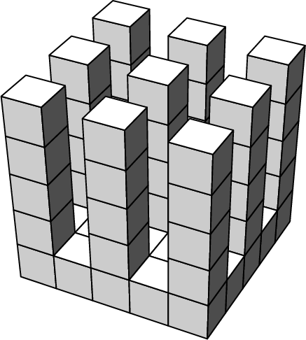 2014 m. Senjoro užduočių sąlygos Klausimai po 3 taškus 1. Kubas sudarytas iš 5 5 5 vienodų kubelių. Išėmus dalį kubelių, gauta nauja figūra vienodi stulpeliai ant bendro pagrindo (žr. pav.).