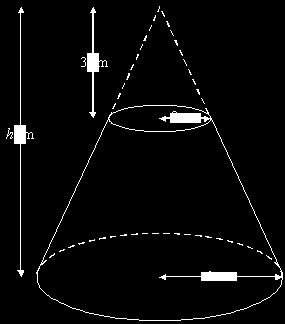 (b) A cone has base radius 6 cm and height_ h cm. A smaller cone of base radius 2 cm and height_ 3 cm is cut from the top.