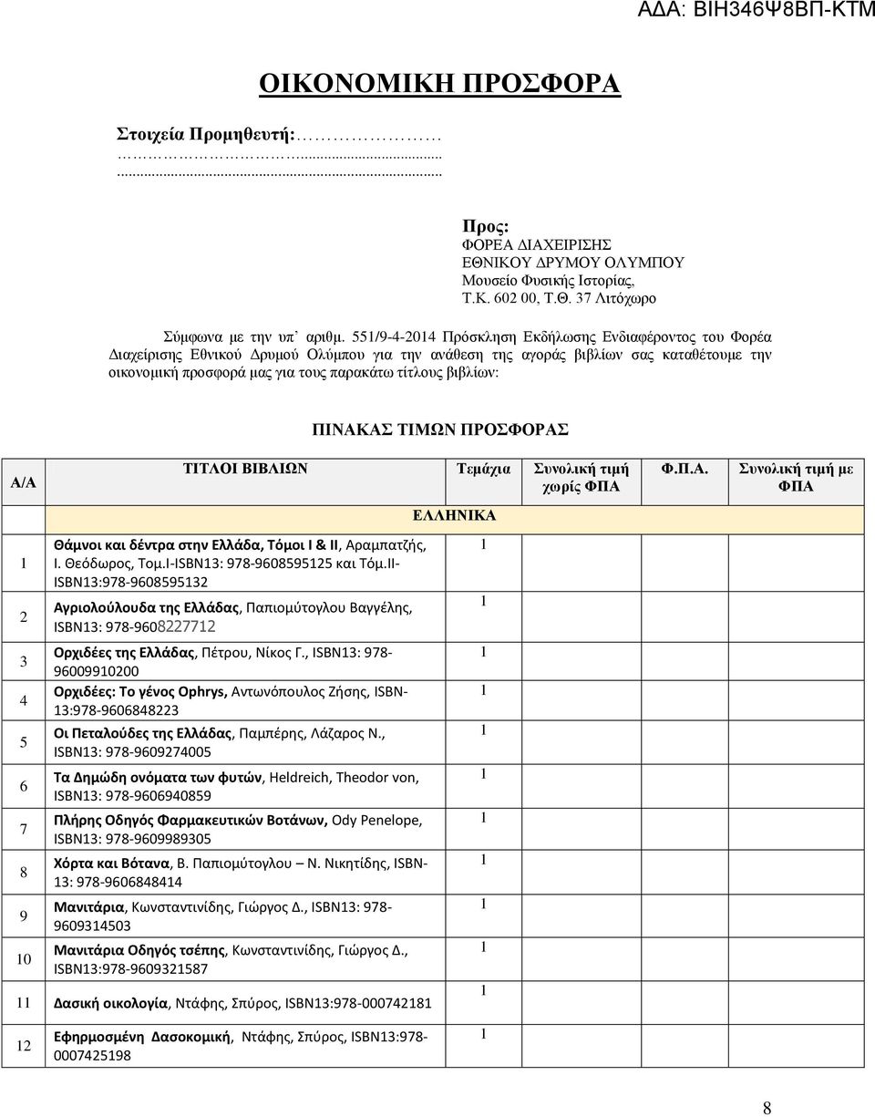 βιβλίων: ΠΙΝΑΚΑΣ ΤΙΜΩΝ ΠΡΟΣΦΟΡΑΣ Α/Α 2 3 4 5 6 7 8 9 0 ΤΙΤΛΟΙ ΒΙΒΛΙΩΝ Τεμάχια Συνολική τιμή χωρίς ΦΠΑ Θάμνοι και δέντρα στην Ελλάδα, Τόμοι Ι & ΙΙ, Αραμπατζής, Ι. Θεόδωρος, Τομ.