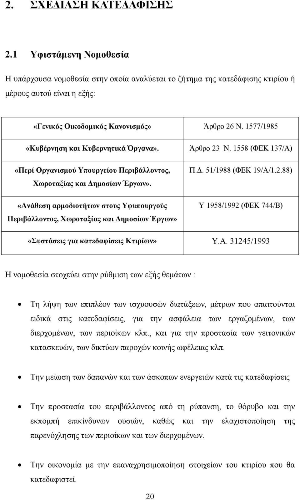 «Ανάθεση αρμοδιοτήτων στους Υφυπουργούς Περιβάλλοντος, Χωροταξίας και Δημοσίων Έργων» Άρθρο 23 Ν. 1558 (ΦΕΚ 137/Α) Π.Δ. 51/1988 (ΦΕΚ 19/Α/1.2.88) Υ 1958/1992 (ΦΕΚ 744/Β) «Συστάσεις για κατεδαφίσεις Κτιρίων» Υ.