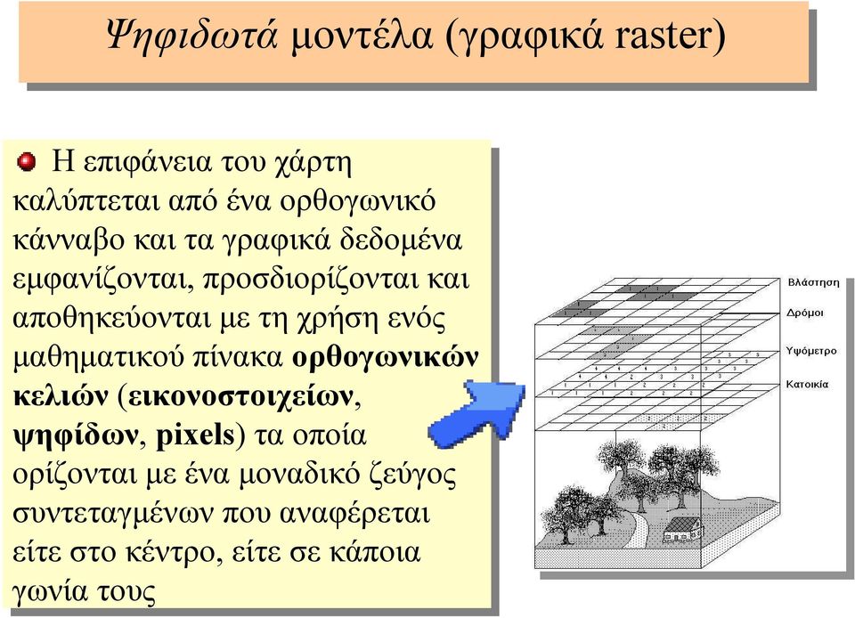 µαθηµατικού πίνακα ορθογωνικών κελιών (εικονοστοιχείων, ψηφίδων, pixels) τα ταοποία ορίζονται