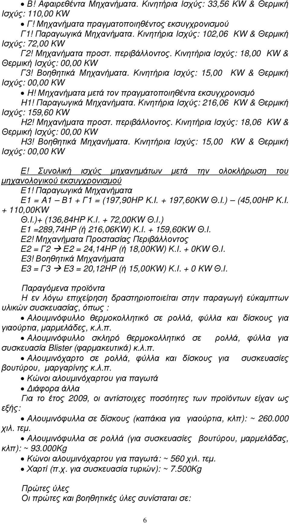 Κινητήρια Ισχύς: 15,00 KW & Θερµική Ισχύς: 00,00 KW H! Μηχανήµατα µετά τον πραγµατοποιηθέντα εκσυγχρονισµό H1! Παραγωγικά Μηχανήµατα. Κινητήρια Ισχύς: 216,06 KW & Θερµική Ισχύς: 159,60 KW H2!