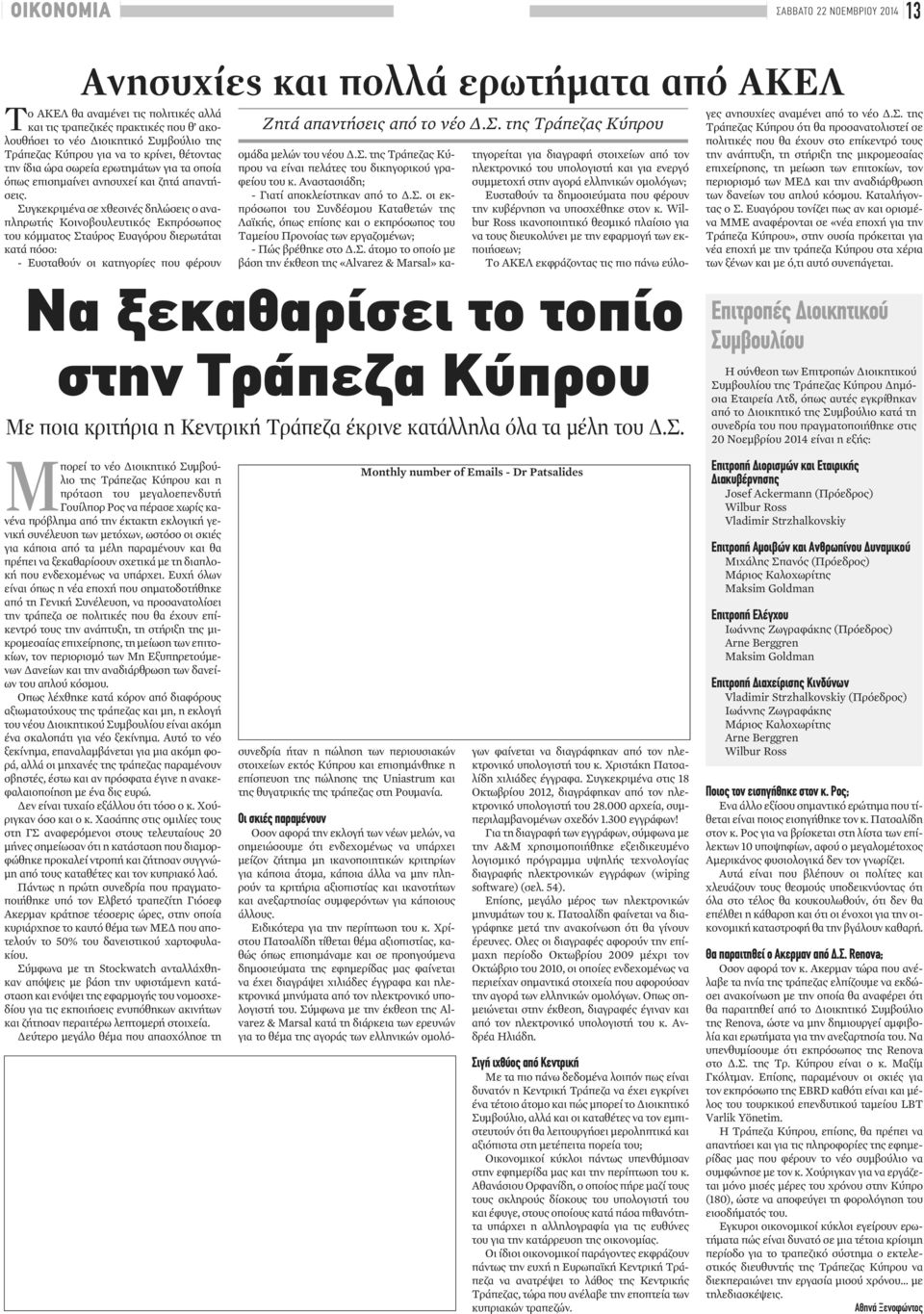 Συγκεκριμένα σε χθεσινές δηλώσεις ο αναπληρωτής Κοινοβουλευτικός Εκπρόσωπος του κόμματος Σταύρος Ευαγόρου διερωτάται κατά πόσο: - Ευσταθούν οι κατηγορίες που φέρουν Ζητά απαντήσεις από το νέο Δ.Σ. της Τράπεζας Κύπρου ομάδα μελών του νέου Δ.