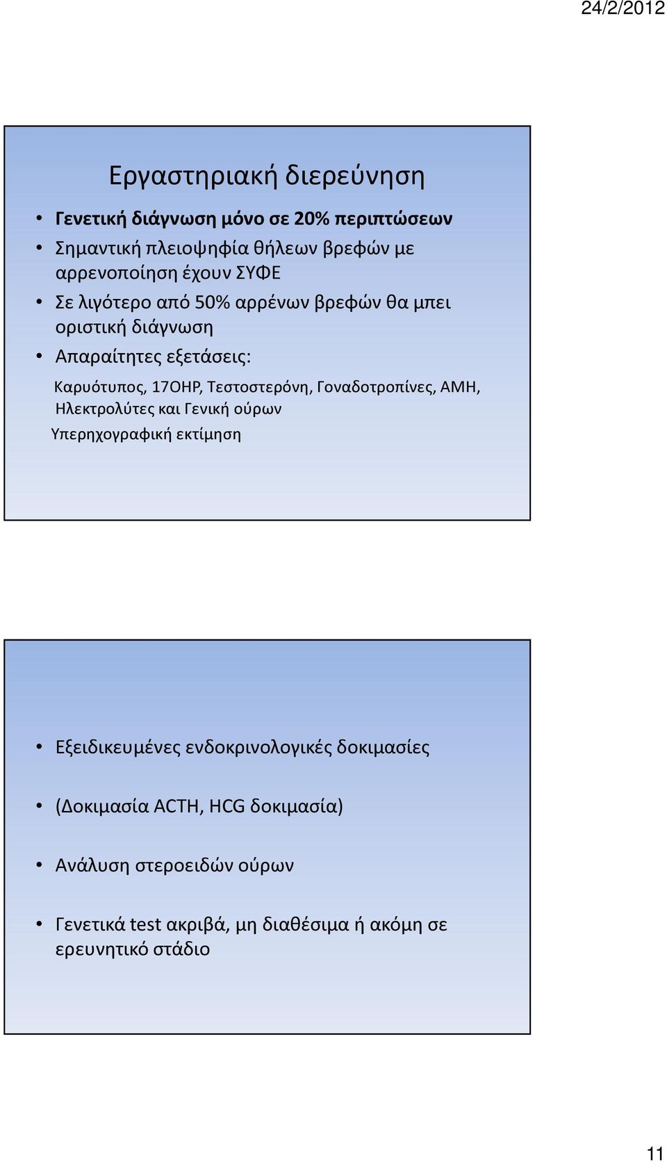 Τεστοστερόνη, Γοναδοτροπίνες, AMH, Ηλεκτρολύτες και Γενική ούρων Υπερηχογραφική εκτίμηση Εξειδικευμένες ενδοκρινολογικές