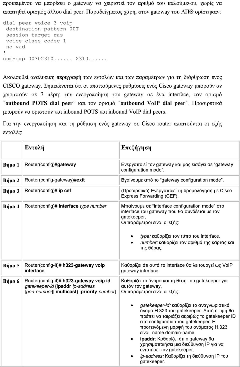 .. Ακολουθεί αναλυτική περιγραφή των εντολών και των παραμέτρων για τη διάρθρωση ενός CISCO gateway.