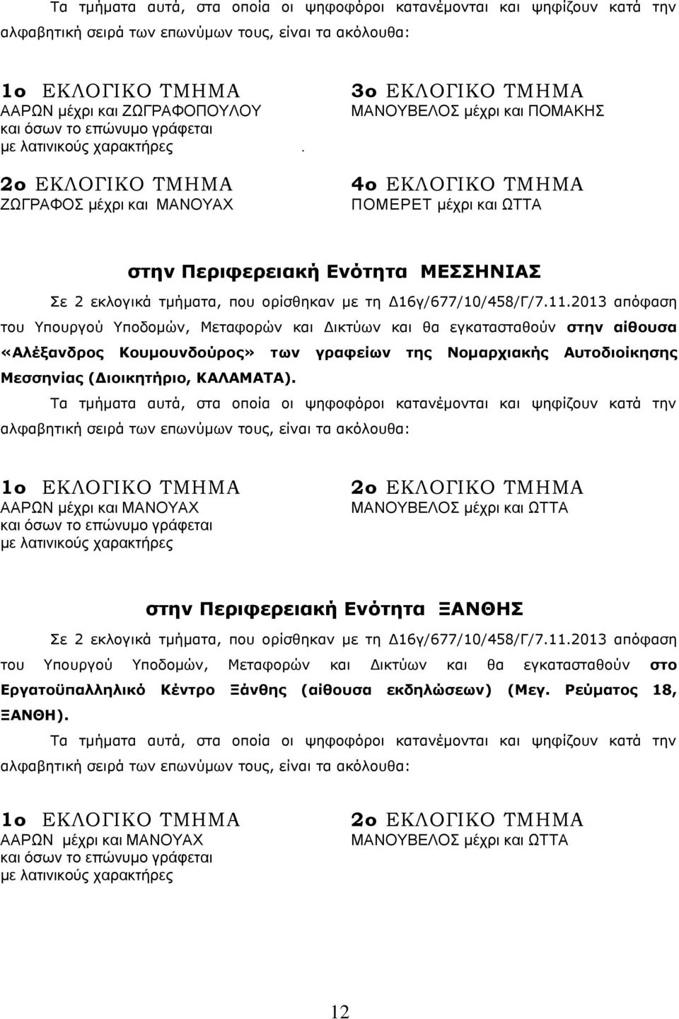 11.2013 απόφαση του Υπουργού Υποδομών, Μεταφορών και Δικτύων και θα εγκατασταθούν στην αίθουσα «Αλέξανδρος Κουμουνδούρος» των γραφείων της Νομαρχιακής Αυτοδιοίκησης Μεσσηνίας (Διοικητήριο,