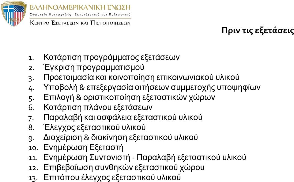 Επιλογή & οριστικοποίηση εξεταστικών χώρων 6. Κατάρτιση πλάνου εξετάσεων 7. Παραλαβή και ασφάλεια εξεταστικού υλικού 8.