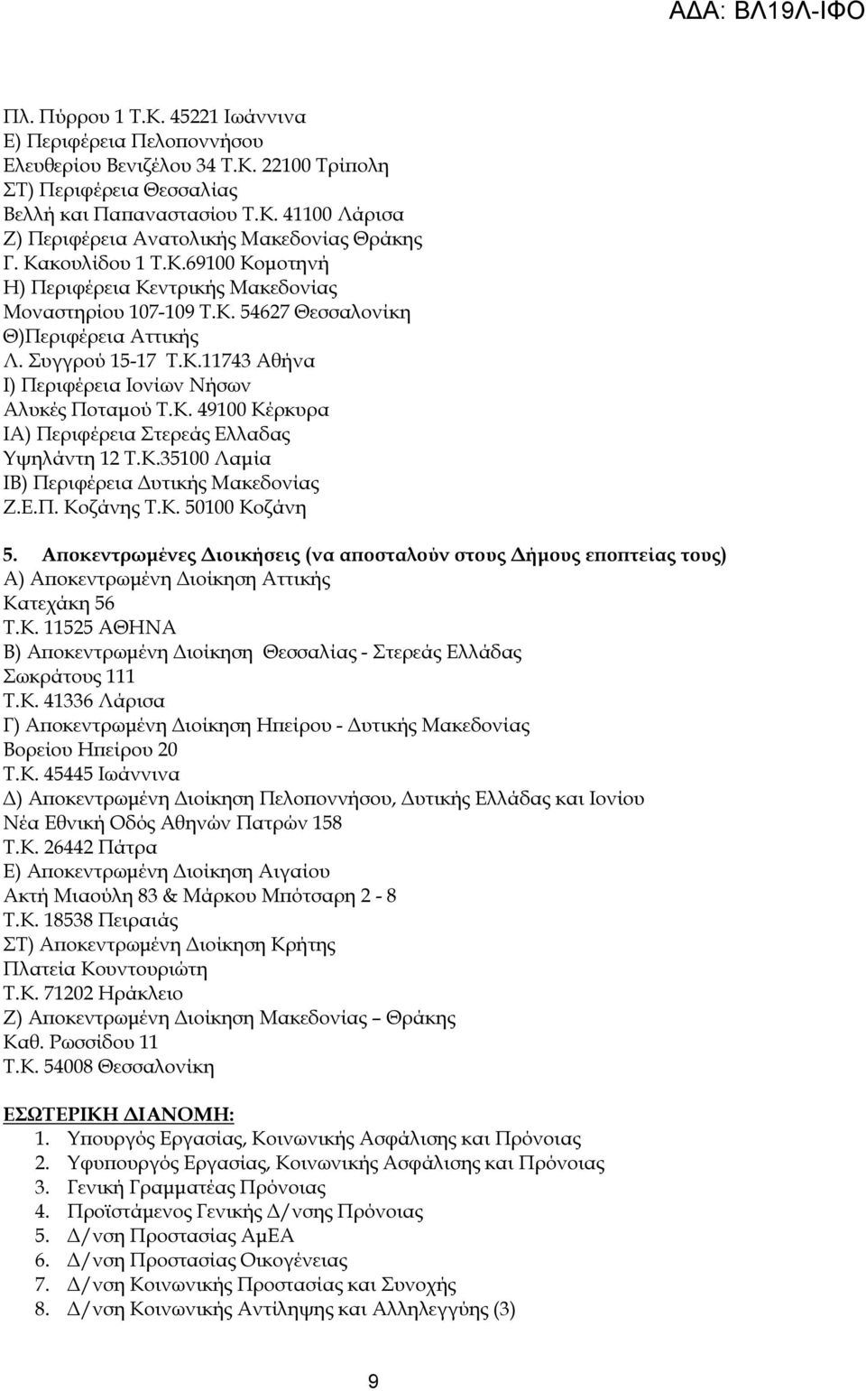 Κ. 49100 Κέρκυρα ΙΑ) Περιφέρεια Στερεάς Ελλαδας Υψηλάντη 12 Τ.Κ.35100 Λαµία ΙΒ) Περιφέρεια υτικής Μακεδονίας Ζ.Ε.Π. Κοζάνης Τ.Κ. 50100 Κοζάνη 5.