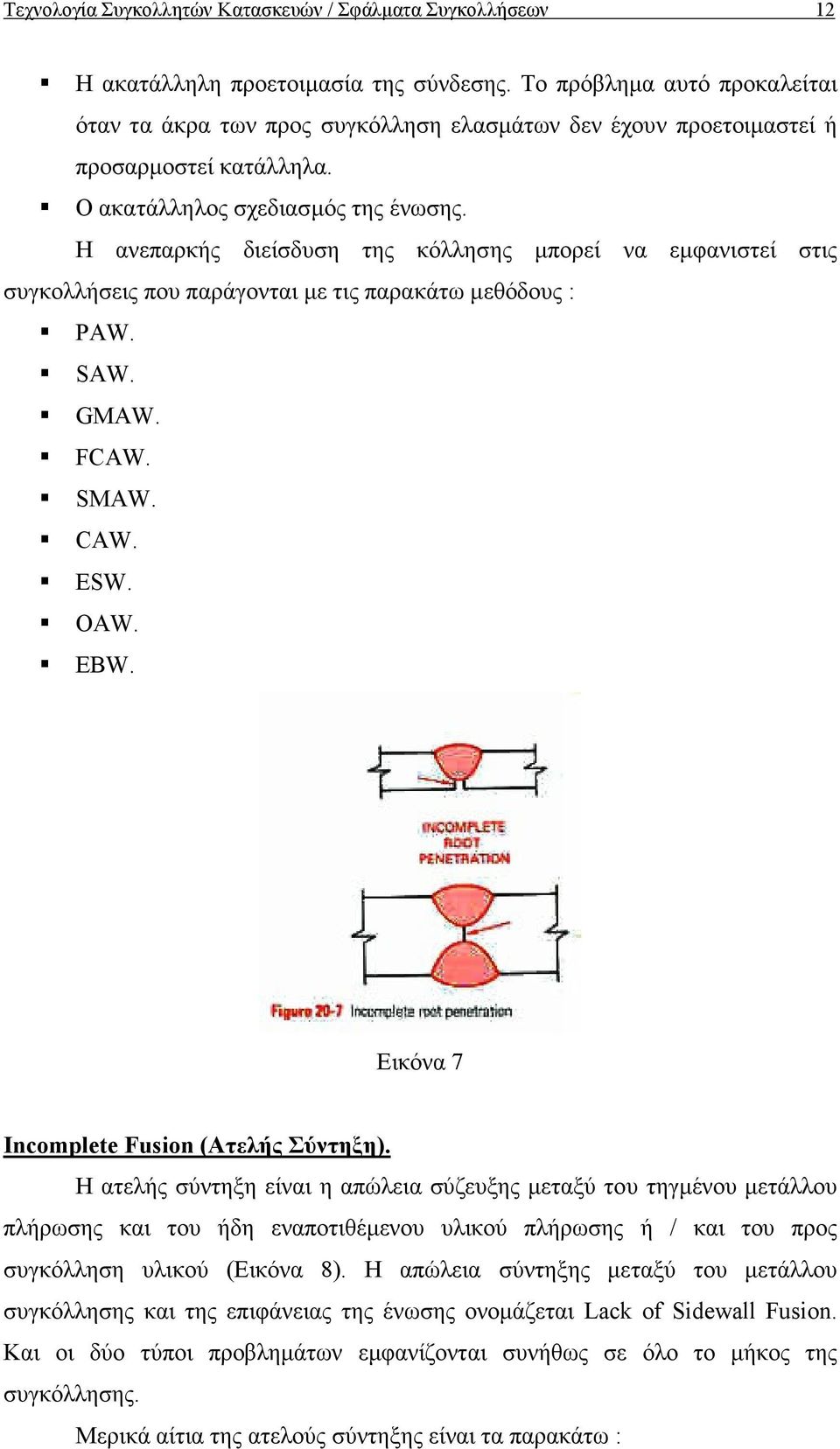 Η ανεπαρκής διείσδυση της κόλλησης µπορεί να εµφανιστεί στις συγκολλήσεις που παράγονται µε τις παρακάτω µεθόδους : PAW. SAW. GMAW. FCAW. SMAW. CAW. ESW. OAW. EBW.