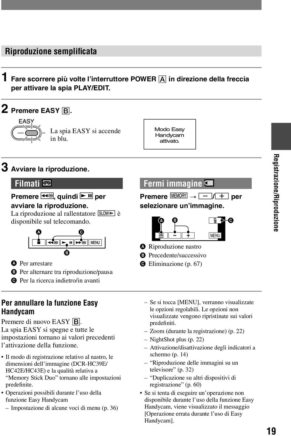 A B C Per arrestare Per alternare tra riproduzione/pausa Per la ricerca indietro/in avanti è Fermi immagine Premere / per selezionare un immagine.